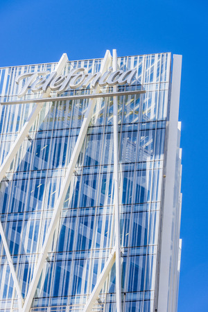 Barcelona, Spain - April 9, 2015: Telefonica Headquarters located in the 22 district of Barcelona. This new building is known as Torre Telefonica Diagonal Zeroのeditorial素材