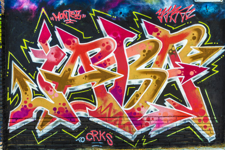 Barcelona, Spain - April 9, 2015: Wall covered with graffitiのeditorial素材