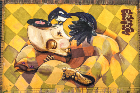 Barcelona, Spain - April 9, 2015: Wall covered with graffitiのeditorial素材