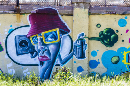 Barcelona, Spain - April 9, 2015: Wall covered with graffitiのeditorial素材