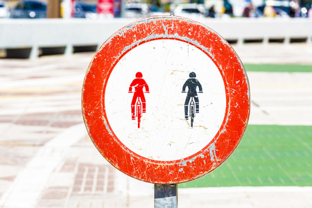 Traffic sign prohibiting a bicycle forward to another bikeの写真素材