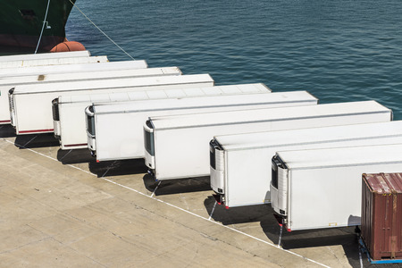 Reefer containers waiting to board at the port of Barcelona, Catalonia, Spain