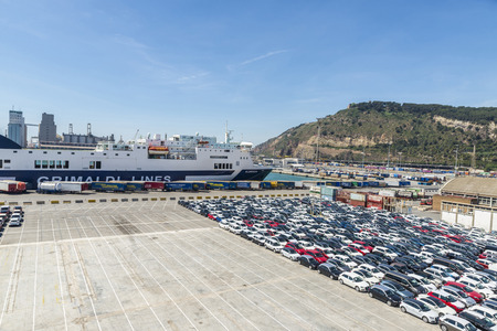 Barcelona, Spain - May 2, 2015: Cruise company Grimaldi Lines docked in the port of Barcelona, Catalonia, Spainのeditorial素材