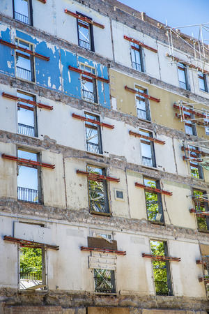 Construction of a building keeping the old facade through a system of beams in Barcelona, Catalonia, Spain.の写真素材