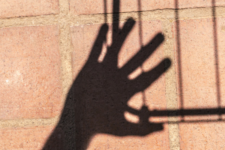 Rectilinear and hand shadows on a clay tile an outdoor terraceの写真素材