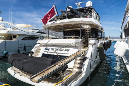 Puerto Banus, Spain - August 15, 2015: Luxury yacht moored in Puerto Banus, a marina near Marbella, Andalusia, Spainのeditorial素材