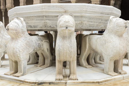 The Court of the Lions, a unique example of Muslim art, within the fortress and palace of the Alhambra in Granada, Andalusia, Spain.のeditorial素材
