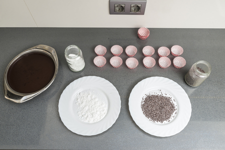 Ready to prepare chocolate truffles in the kitchenの写真素材