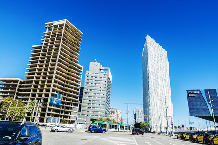 Barcelona, Spain - October 31, 2015: Telefonica Headquarters located in the 22 district of Barcelona near the Forum Building. This new building is known as Torre Telefonica Diagonal Zeroのeditorial素材
