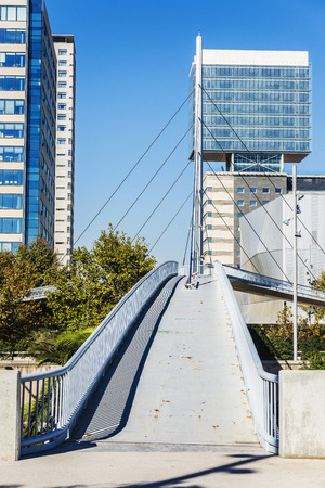 Barcelona, Spain - October 31, 2015: Pedestrian bridge in the new district office buildings and hotels located in the 22 district of Barcelona, Catalonia, Spainのeditorial素材