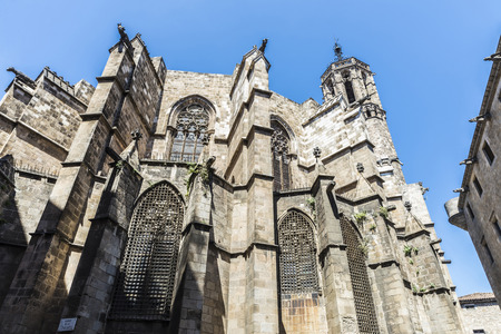 Street of the Gothic Quarter, where stands the bell tower of the Cathedral of Barcelona in Catalonia, Spainの写真素材
