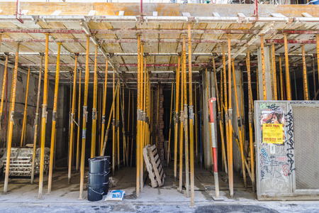 Barcelona, Spain - June 4, 2015: Reinforcements of structure during construction of a building in...