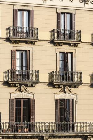 Classical building of houses in the old town of Barcelona, Catalonia, Spain.の写真素材