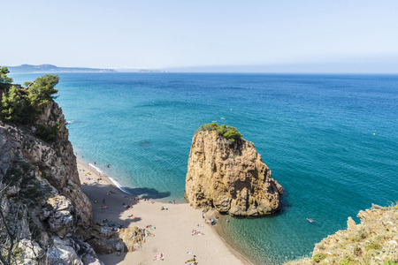Girona, Spain - July 1, 2015: Panorama of Illa Roja beach with the Medes Islands in the background in Costa Brava, Catalonia, Spain. This is a nudist beach cove famousのeditorial素材