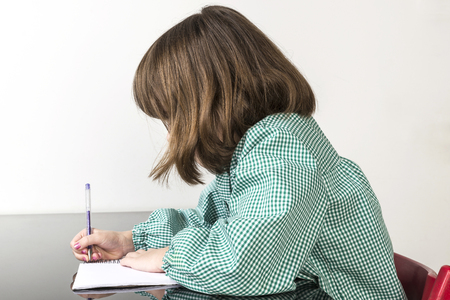 Little girl with a green plaid smock writing in a notebook at homeの写真素材