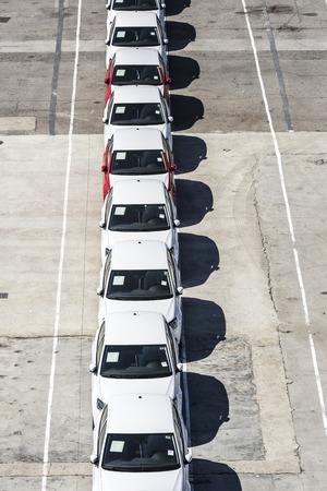 New cars ready for shipment at the port of Barcelona, Catalonia, Spainのeditorial素材