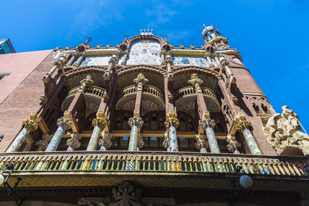 Barcelona, Spain - April 19, 2016: Facade of the Palau de la Musica Catalana (Catalan music palace). It is a concert hall designed by Lluis Domenech i Montaner and is part of the UNESCO world heritage sites.のeditorial素材