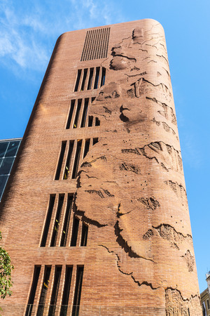 Barcelona, Spain - April 19, 2016: Facade of the Palau de la Musica Catalana (Catalan music palace). It is a concert hall designed by Lluis Domenech i Montaner and is part of the UNESCO world heritage sites.のeditorial素材
