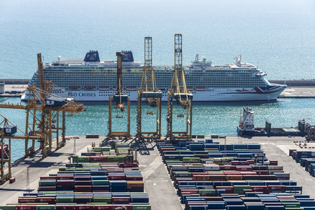 Barcelona, Spain - April 15, 2016: View of the loading dock of goods and cruise terminal at the port of Barcelonaのeditorial素材