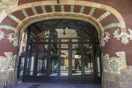 Barcelona, Spain - April 19, 2016: Facade of the Palau de la Musica Catalana (Catalan music palace). It is a concert hall designed by Lluis Domenech i Montaner and is part of the UNESCO world heritage sites.のeditorial素材