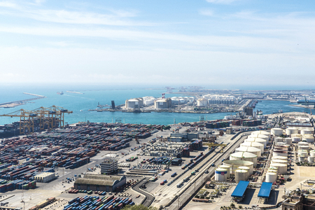 Barcelona, Spain - April 15, 2016: View of the loading dock of goods at the port of Barcelonaのeditorial素材