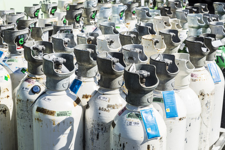 Barcelona, Spain - April 19, 2016: Medical oxygen cylinders ready for transport in the port of Barcelona, Catalonia, Spainのeditorial素材
