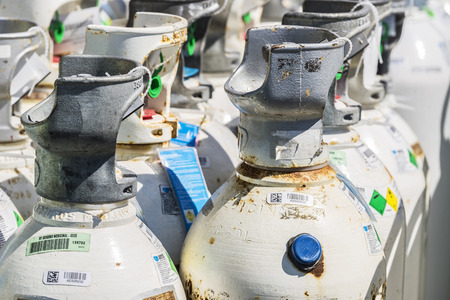 Barcelona, Spain - April 19, 2016: Medical oxygen cylinders ready for transport in the port of...