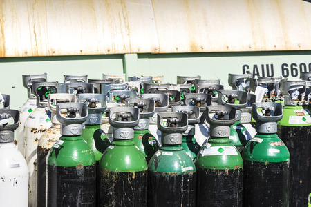 Barcelona, Spain - April 19, 2016: Medical oxygen cylinders ready for transport in the port of Barcelona, Catalonia, Spainのeditorial素材