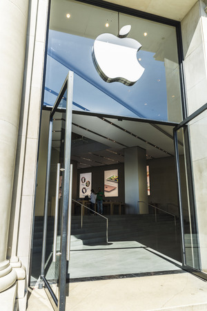 Barcelona, Spain - May 4, 2016: Apple Store in downtown Barcelona which include your ads on large screensのeditorial素材