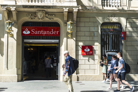 Barcelona, Spain - May 4, 2016: Santander bank branch located on Passeig de Gracia, one of the most expensive streets in Europe.のeditorial素材