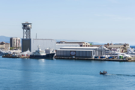 Barcelona, Spain - April 19, 2016: Fish boat sailing from the port of Barcelonaのeditorial素材
