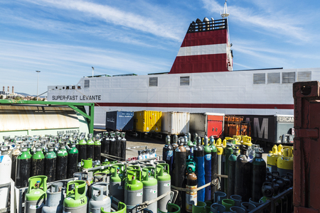 Barcelona, Spain - April 19, 2016: Propane cylinders and containers ready for transport in the port of Barcelona, Catalonia, Spainのeditorial素材