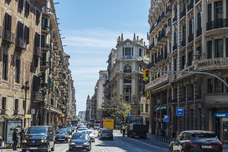Barcelona, Spain - April 19, 2016: Street called Via Laietana in the old town of Barcelona with people walking and heavy traffic in Catalonia, Spainのeditorial素材
