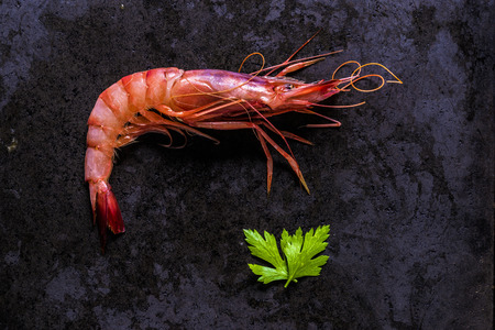 Prawn on a black stone ready to be cooked with parsleyの写真素材
