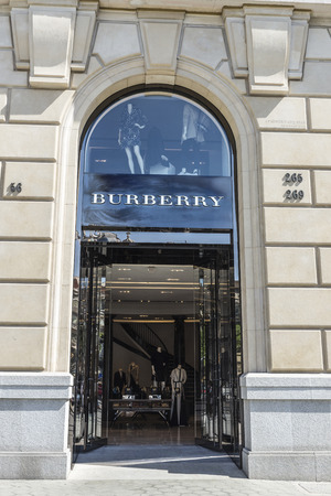 Barcelona, Spain - May 25, 2016: Burberry shop located on Passeig de Gracia, one of the most expensive streets in Europe.のeditorial素材