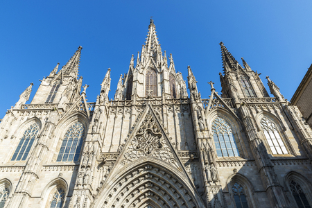 Gothic facade of the cathedral of Barcelona, Catalonia, Spainの写真素材