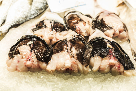 Fish and seafood shop on the market of La Boqueria, next to Les Rambles in Barcelona, Catalonia, Spainの写真素材