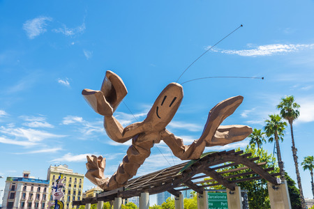 Barcelona, Spain - June 21, 2016: La Gamba de Mariscal is a prawn shaped sculpture designed by Javier Mariscal and located on the promenade called Moll de la Fusta in Barcelonaのeditorial素材