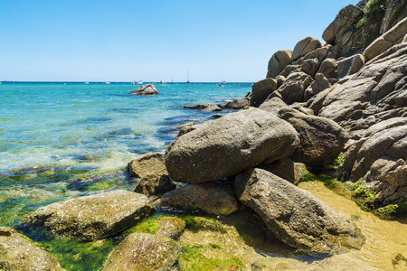 Overview of La Fosca beach with  boats in Costa Brava, Catalonia, Spainの写真素材