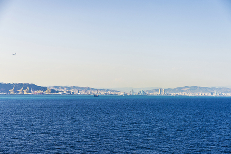 Barcelona skyline view from the sea, Catalonia, Spainの写真素材