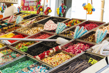 Olbia, Italy - August 24, 2016: Assortment of sweets in a candy shop in a flea market in Olbia, Sardinia, Italyのeditorial素材