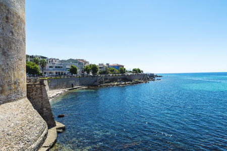 Tower of the fortification in the old town in Alghero, Sardinia, Italyの写真素材
