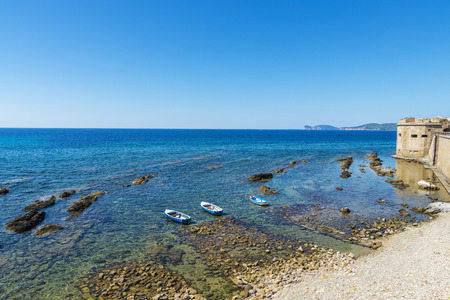 View of the fortification in the old town in Alghero, Sardinia, Italyの写真素材