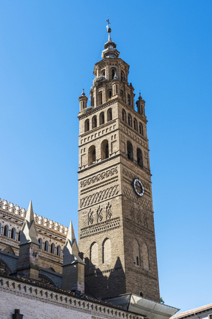 Bell tower of the cathedral of Nuestra Senora de la Huerta in Tarazona de Aragon, Zaragoza, Spainの写真素材