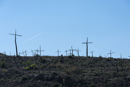 Burnt forest full of crosses made with branches forming a graveyard of trees in Catalonia, Spainの写真素材
