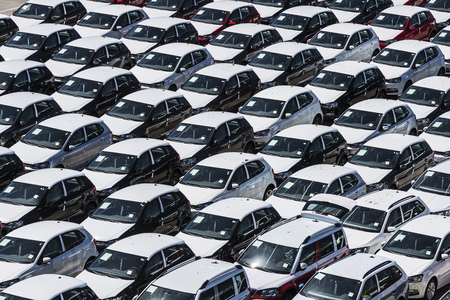 New cars ready to ship in the port of Barcelona, Catalonia, Spainの写真素材