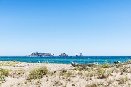 Pals beach with the Medes islands in the background in Costa Brava, Girona, Catalonia, Spainの写真素材