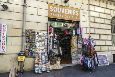 Rome, Italy - December  30, 2016: Souvenir shop with clothes and gifts in the historical center of Rome, Italyのeditorial素材