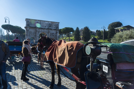 Rome, Italy - December 31, 2016: Horse carriage for tourists where a girl caresses the horse on a street in the old town of Romeのeditorial素材