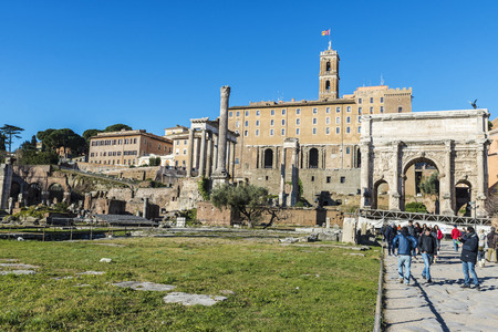 Rome, Italy - December 30, 2016: View of the roman ruins of the Palatino with tourists visiting the monument in Rome, Italyのeditorial素材